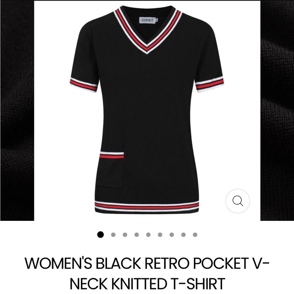 OXXI Knit Women's Black Retro Pocket V-Neck Short Sleeve Tee